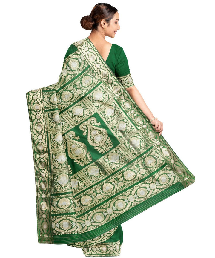 Dark green white silk handwoven baluchari saree