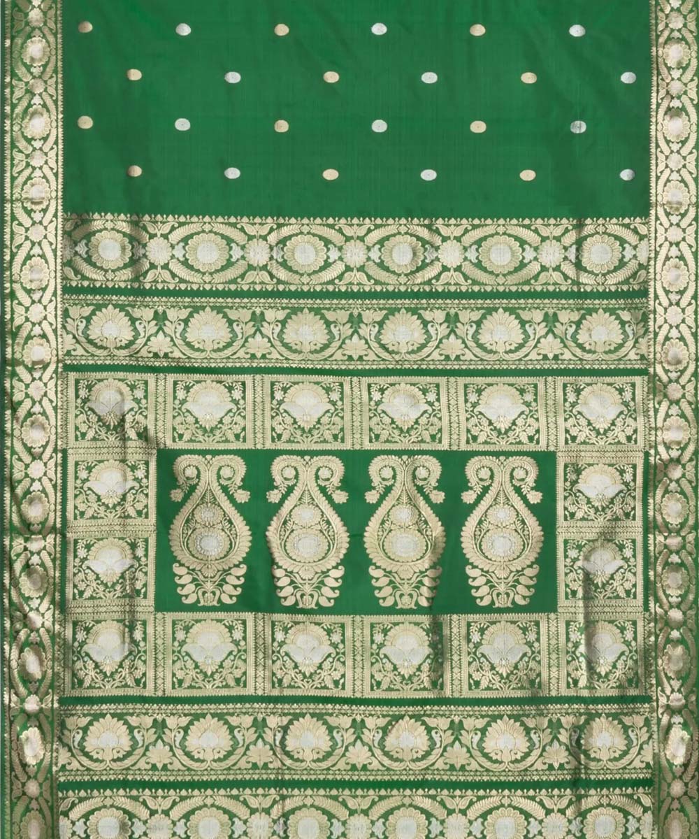 Dark green white silk handwoven baluchari saree