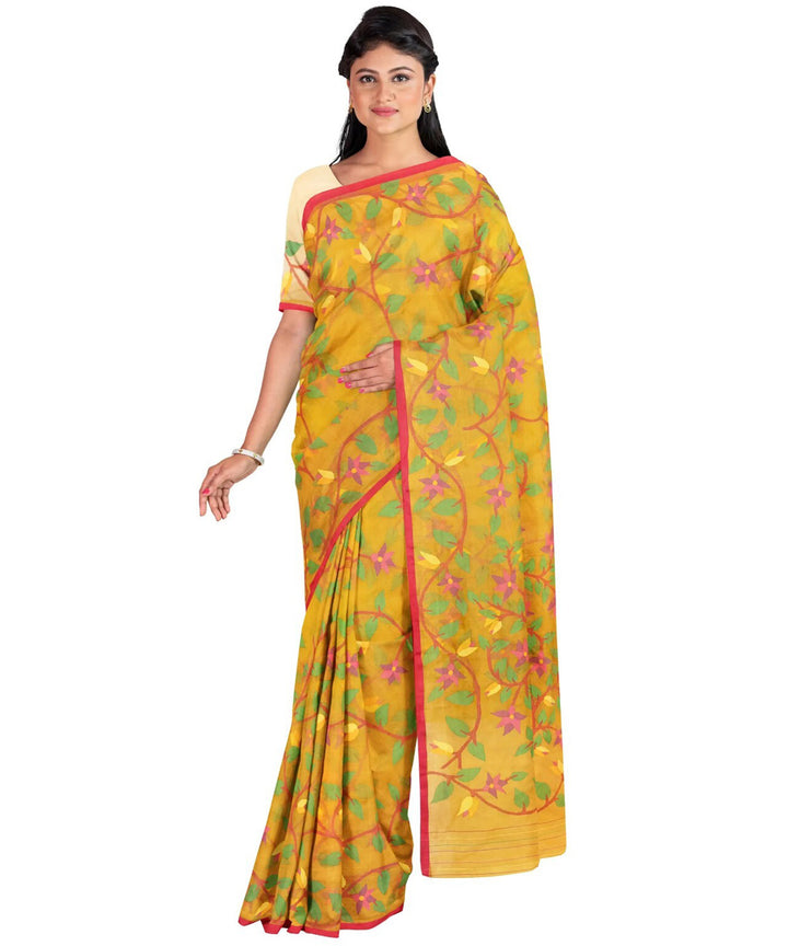 Mustard pink green silk handwoven jamdani saree
