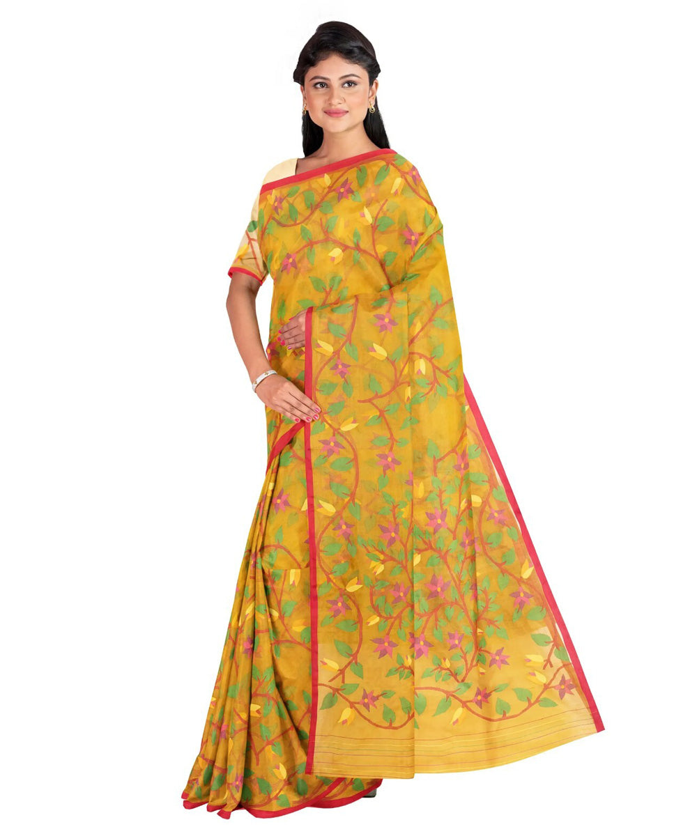 Mustard pink green silk handwoven jamdani saree