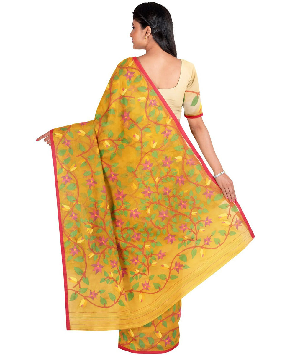 Mustard pink green silk handwoven jamdani saree