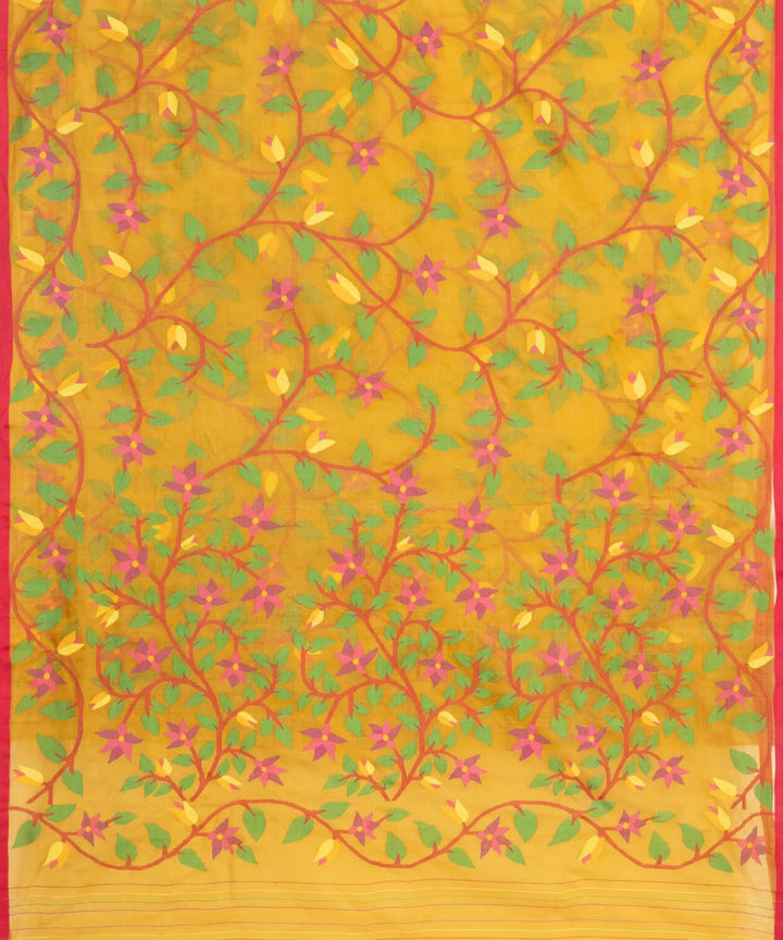 Mustard pink green silk handwoven jamdani saree
