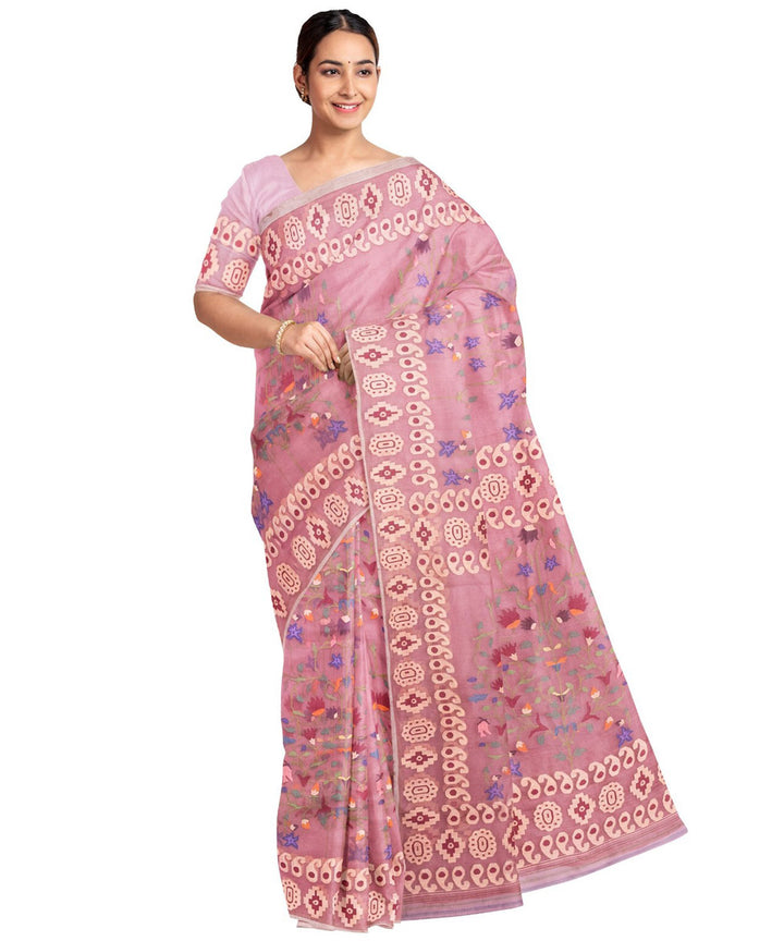 Peach offwhite silk handwoven jamdani saree