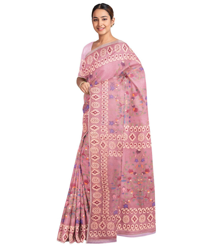 Peach offwhite silk handwoven jamdani saree
