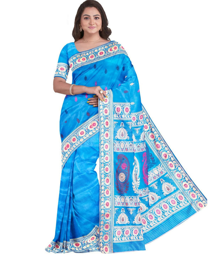 Cyan blue white silk handwoven baluchari saree