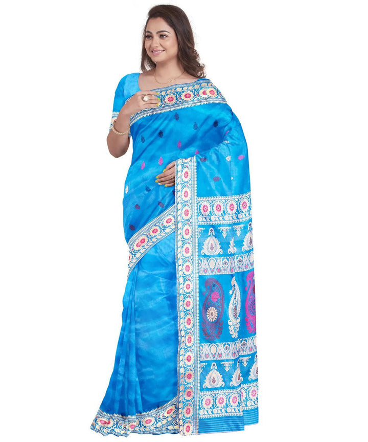 Cyan blue white silk handwoven baluchari saree