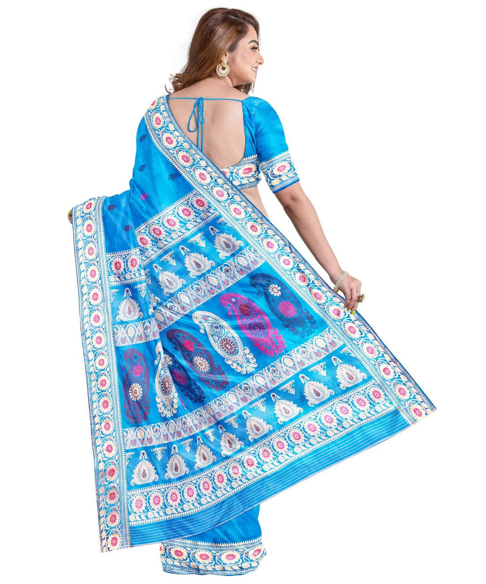 Cyan blue white silk handwoven baluchari saree