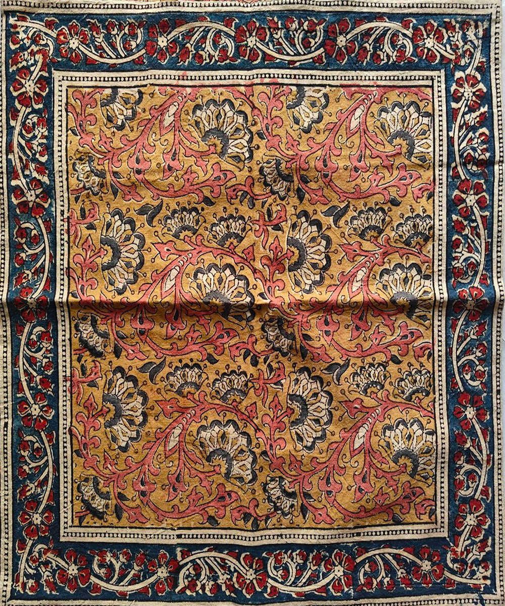 Dark yellow pink cotton hand block print kalamkari cushion cover