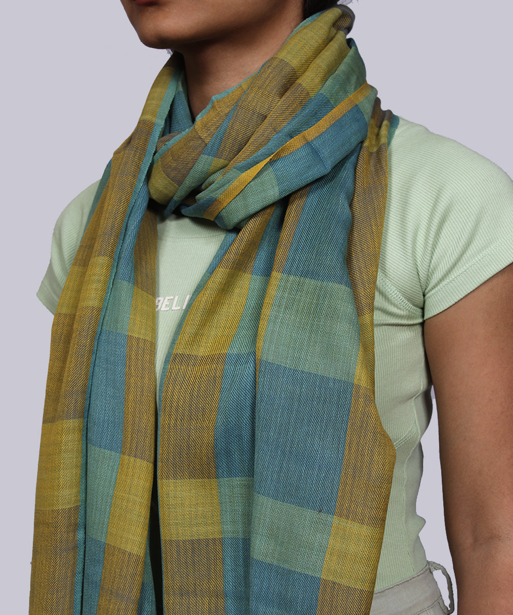 Blue green handwoven cotton check stole