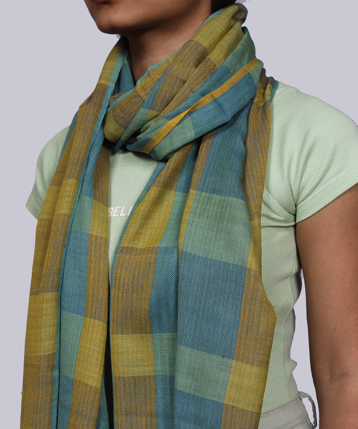 Blue green handwoven cotton check stole