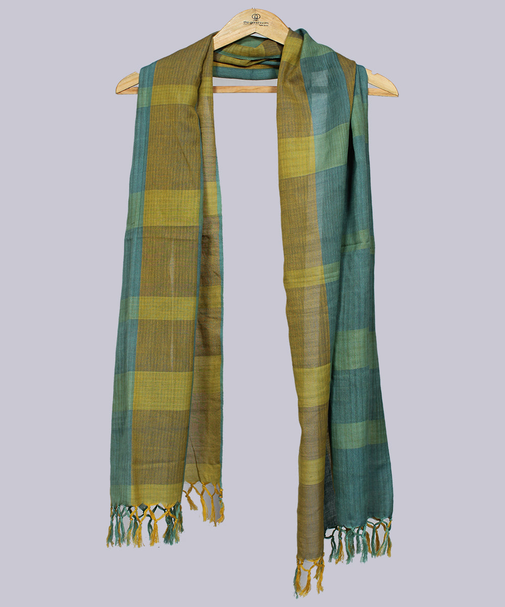 Blue green handwoven cotton check stole