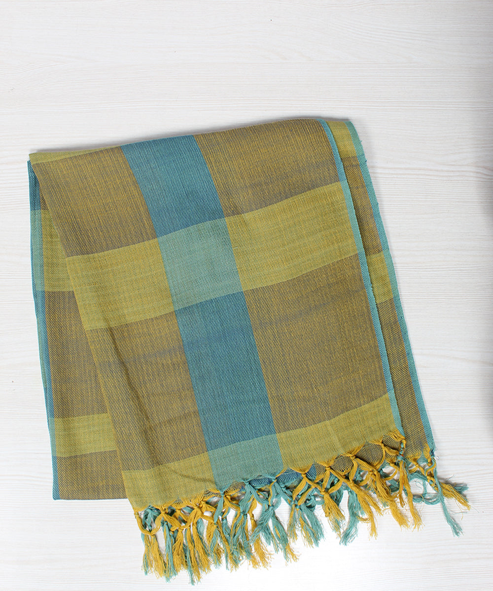 Blue green handwoven cotton check stole