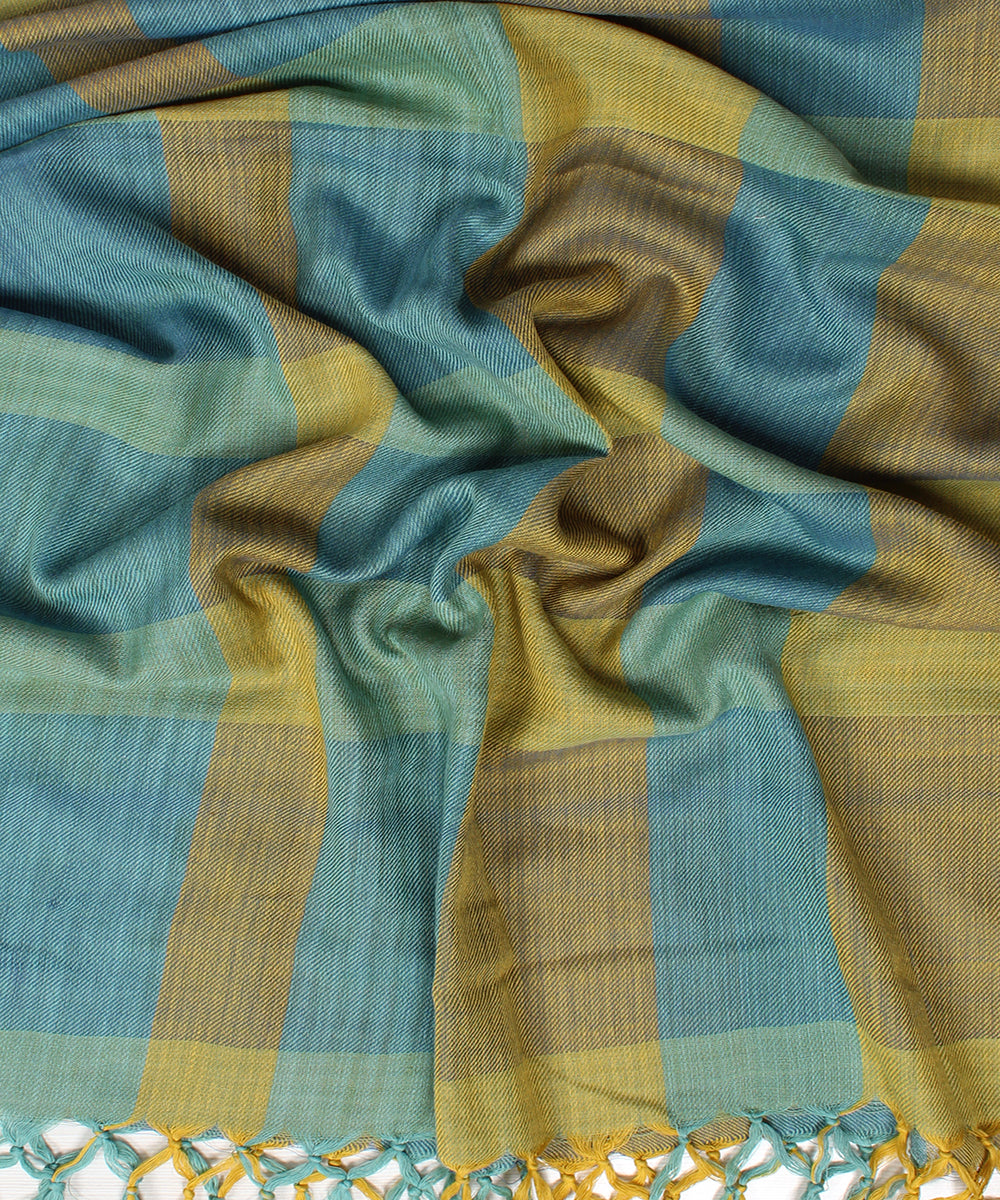 Blue green handwoven cotton check stole