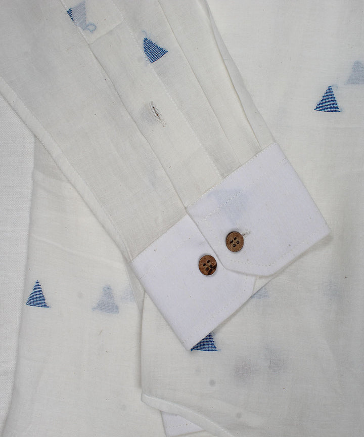 White blue handwoven jamdani mandrian collar shirt