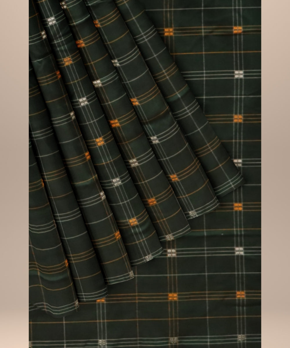 Dark green white &amp; yellow cotton handloom sonepur fabric