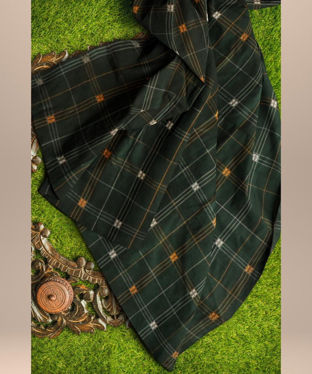 Dark green white &amp; yellow cotton handloom sonepur fabric