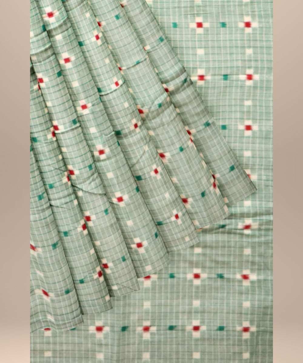 Teal green white red cotton handloom sambalpuri fabric