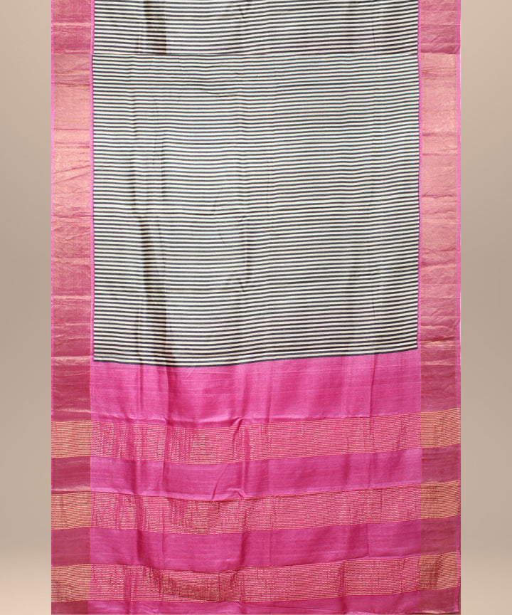 Black pink tussar silk handloom hand printed saree