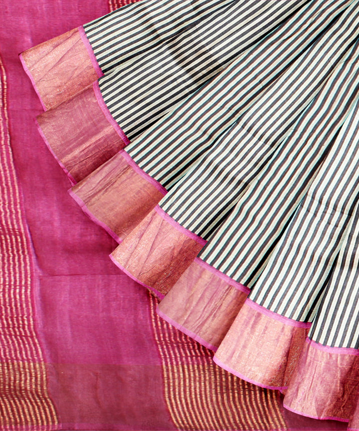 Black pink tussar silk handloom hand printed saree