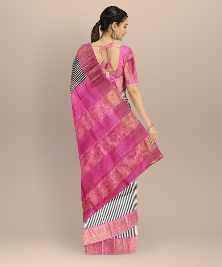Black pink tussar silk handloom hand printed saree
