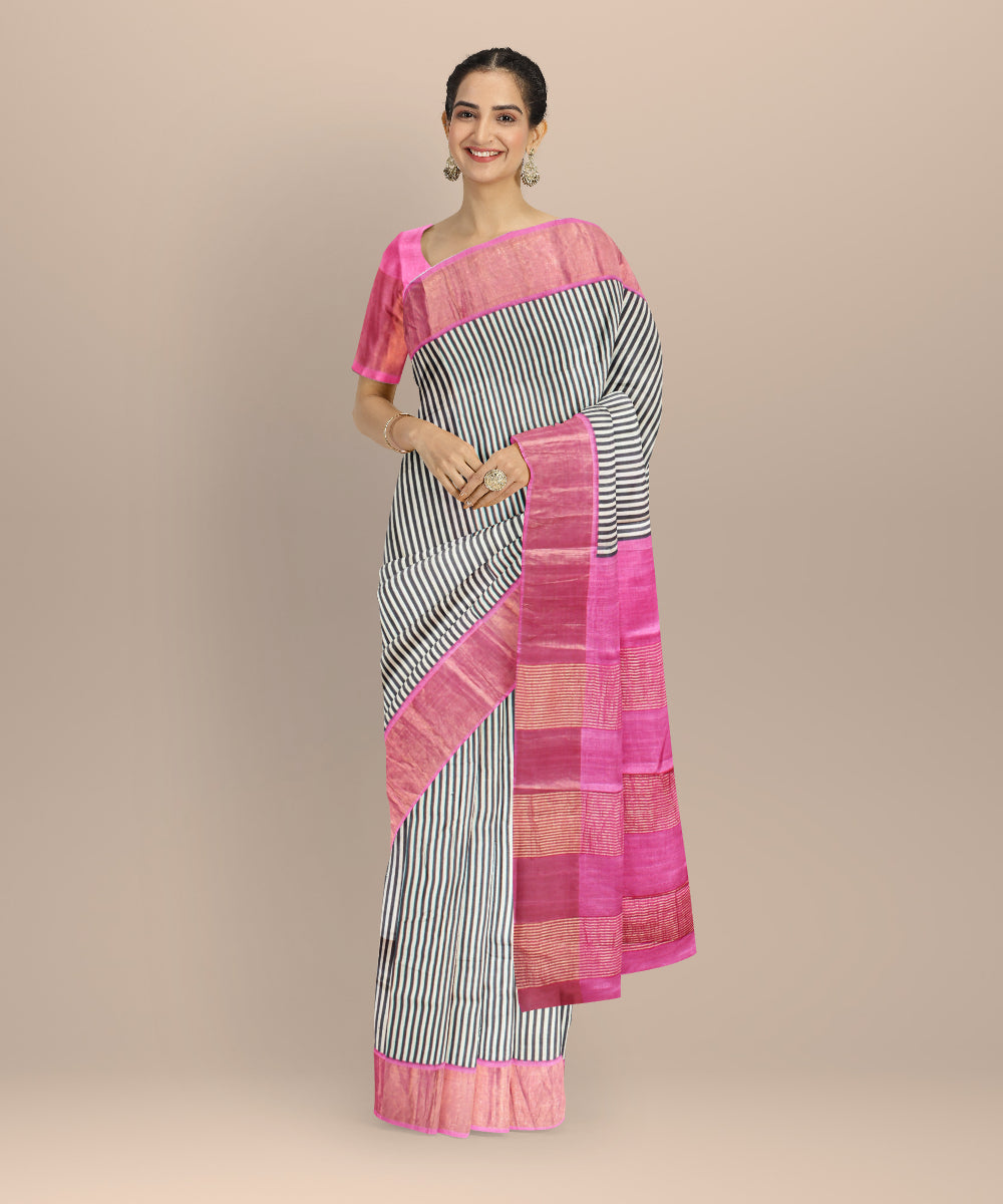 Black pink tussar silk handloom hand printed saree