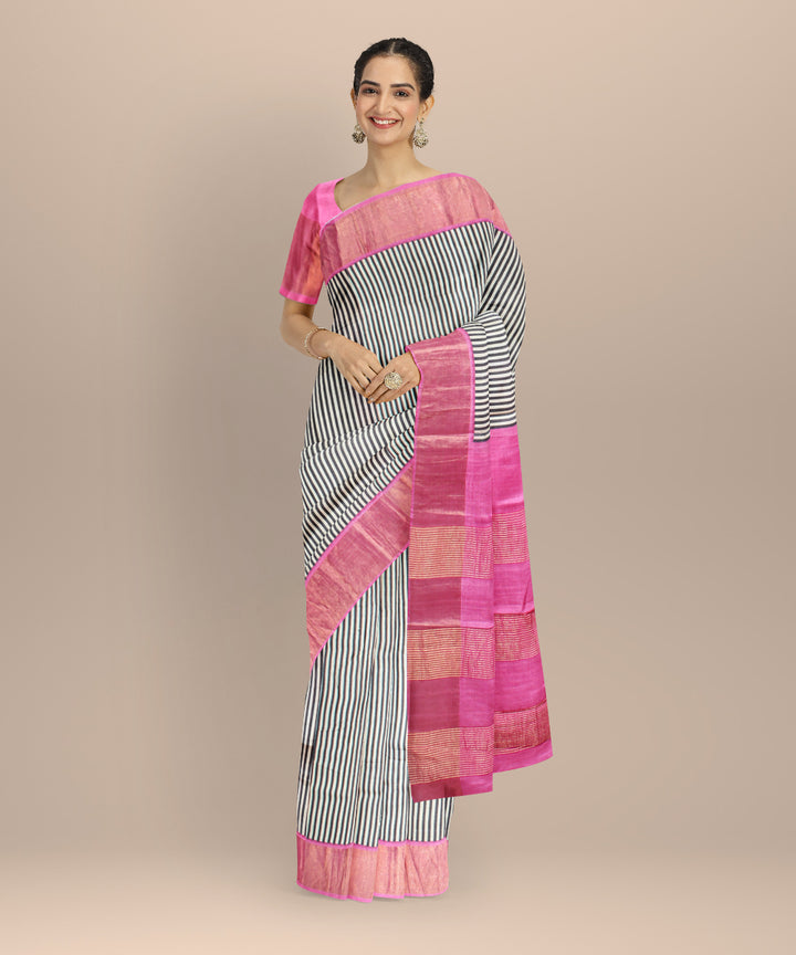 Black pink tussar silk handloom hand printed saree