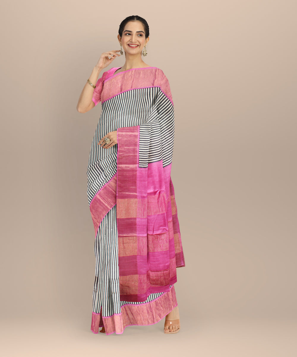 Black pink tussar silk handloom hand printed saree