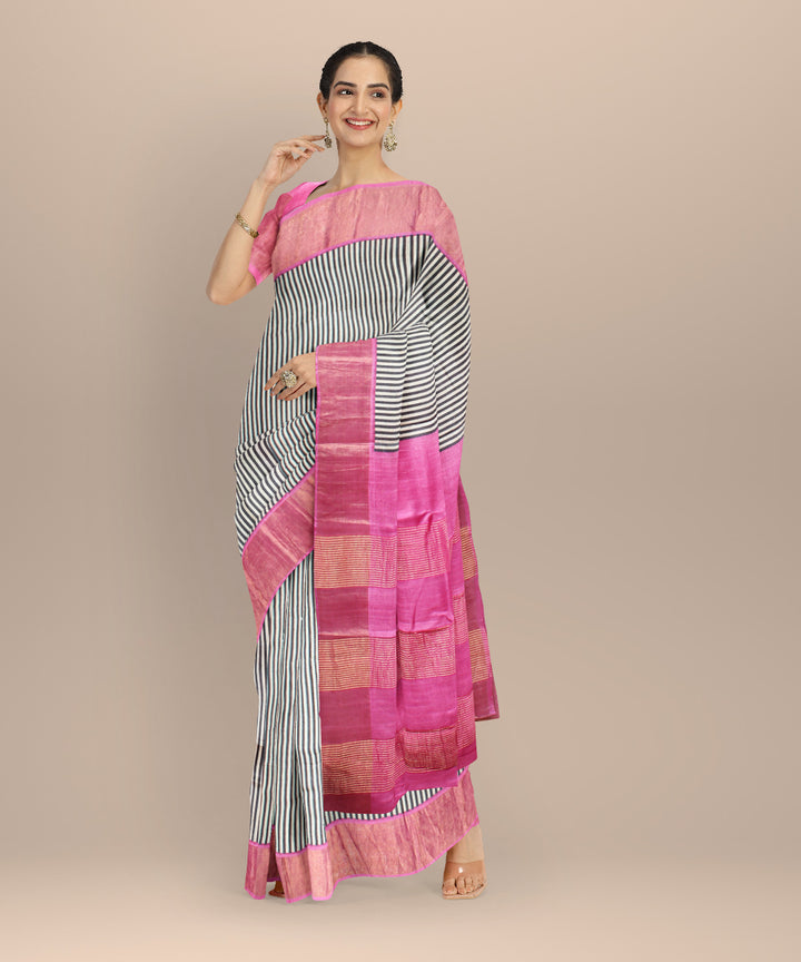 Black pink tussar silk handloom hand printed saree