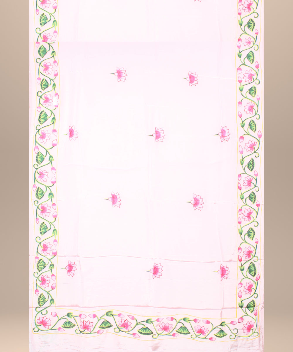 Pink green silk hand painted saree