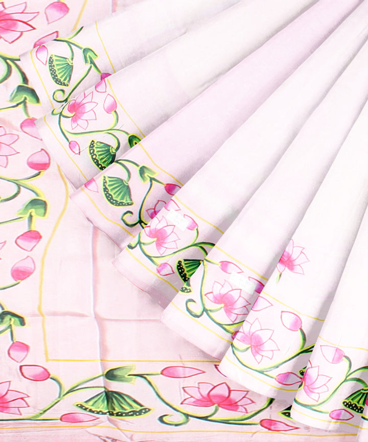 Pink green silk hand painted saree