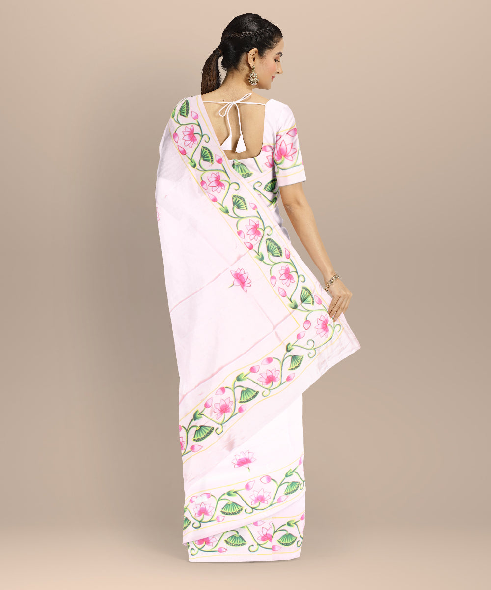 Pink green silk hand painted saree