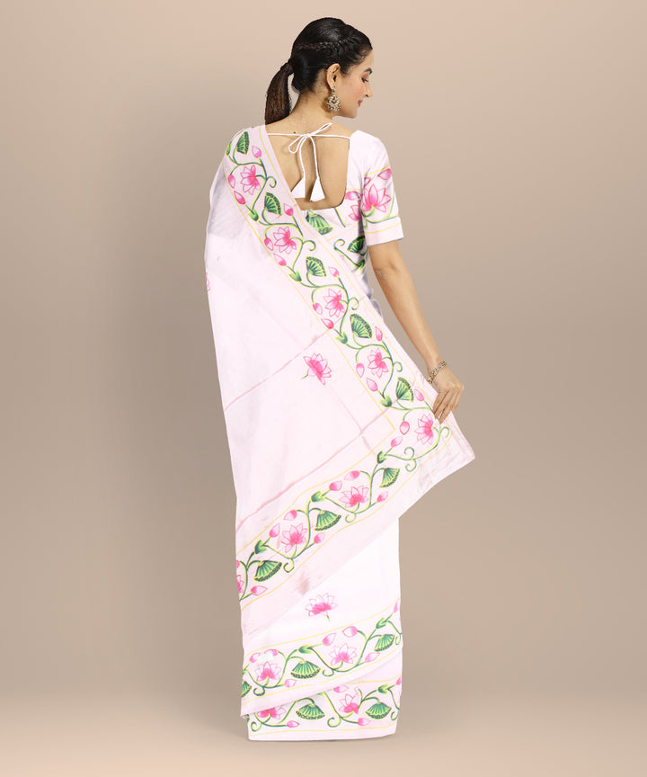 Pink green silk hand painted saree