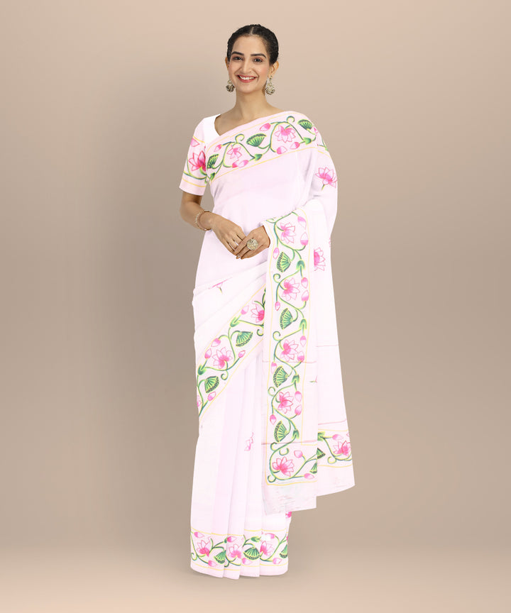 Pink green silk hand painted saree