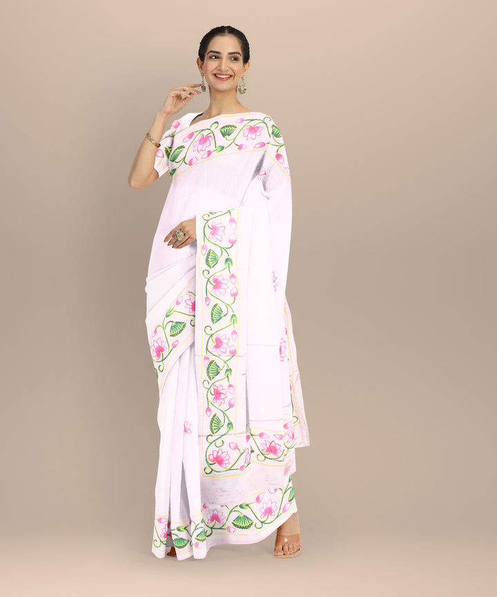 Pink green silk hand painted saree