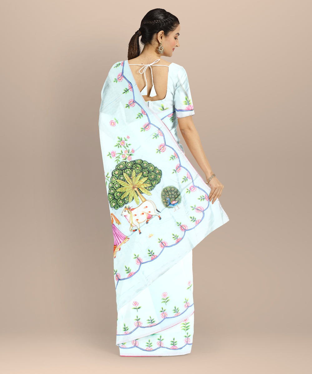Sky blue green hand painted silk saree