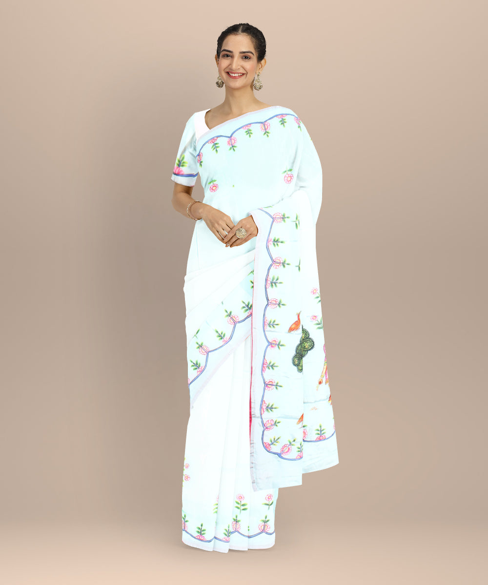 Sky blue green hand painted silk saree