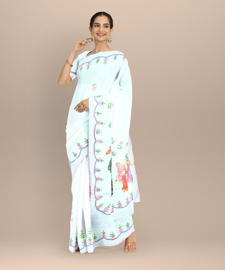 Sky blue green hand painted silk saree
