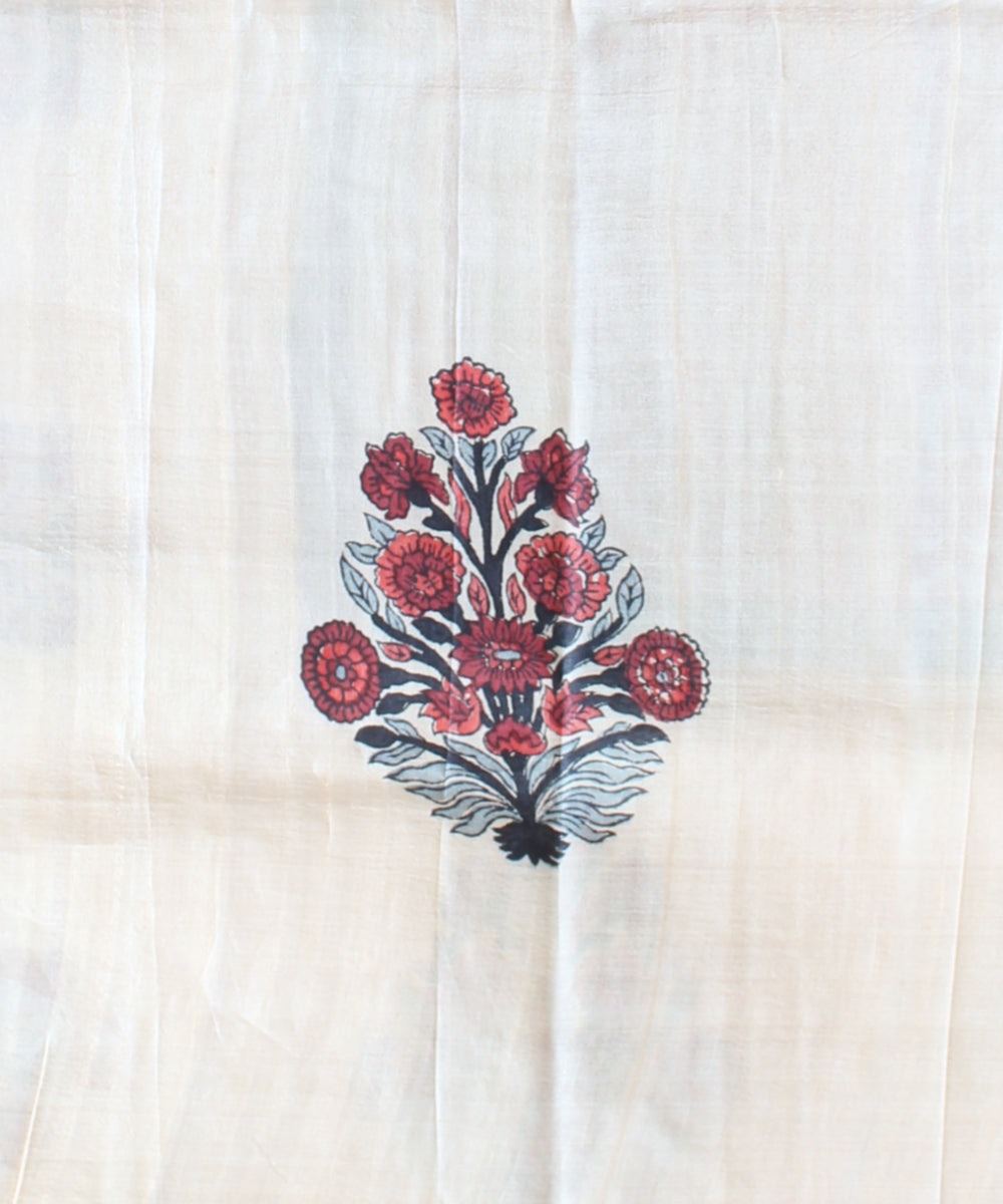 Beige maroon tussar silk hand printed saree