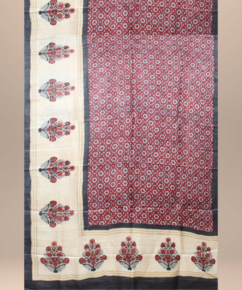 Beige maroon tussar silk hand printed saree