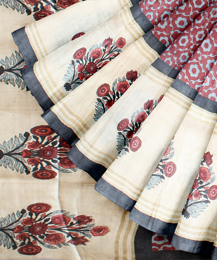Beige maroon tussar silk hand printed saree