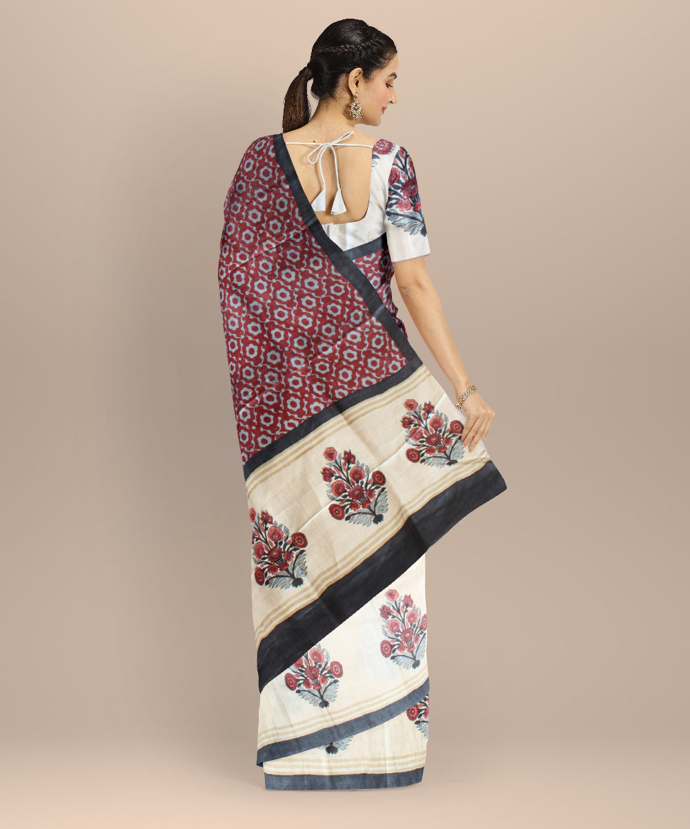 Beige maroon tussar silk hand printed saree