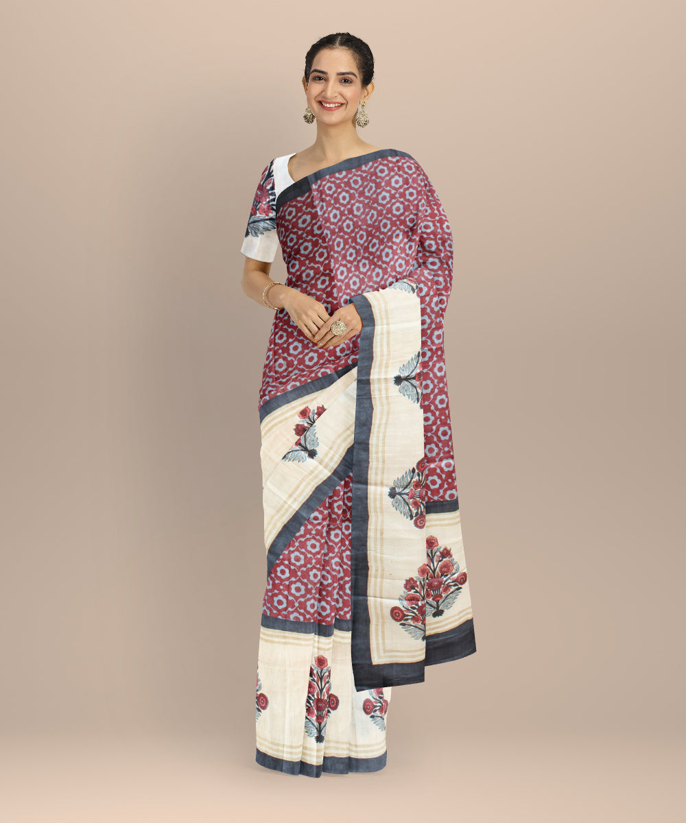 Beige maroon tussar silk hand printed saree