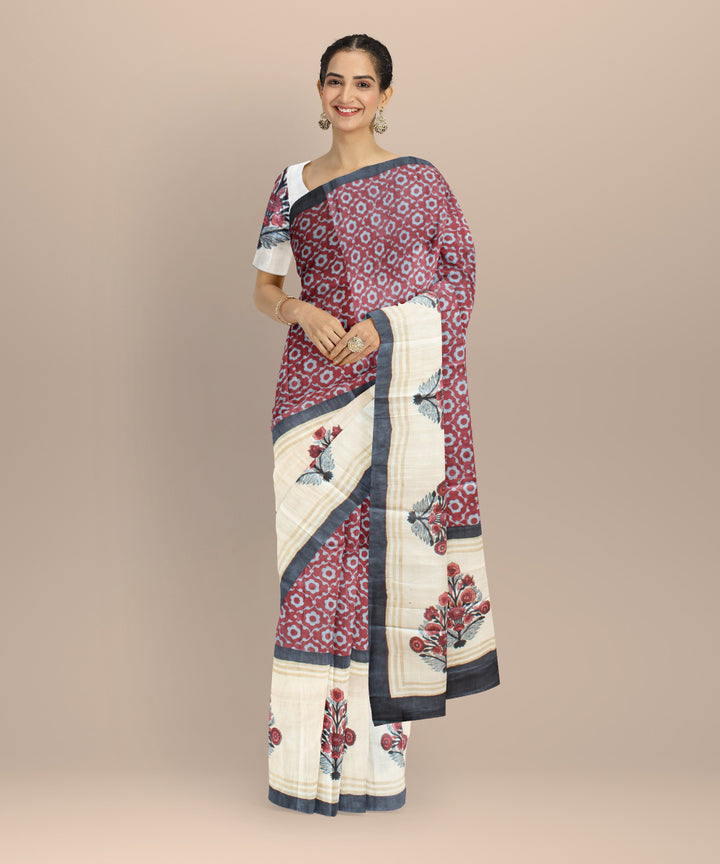 Beige maroon tussar silk hand printed saree
