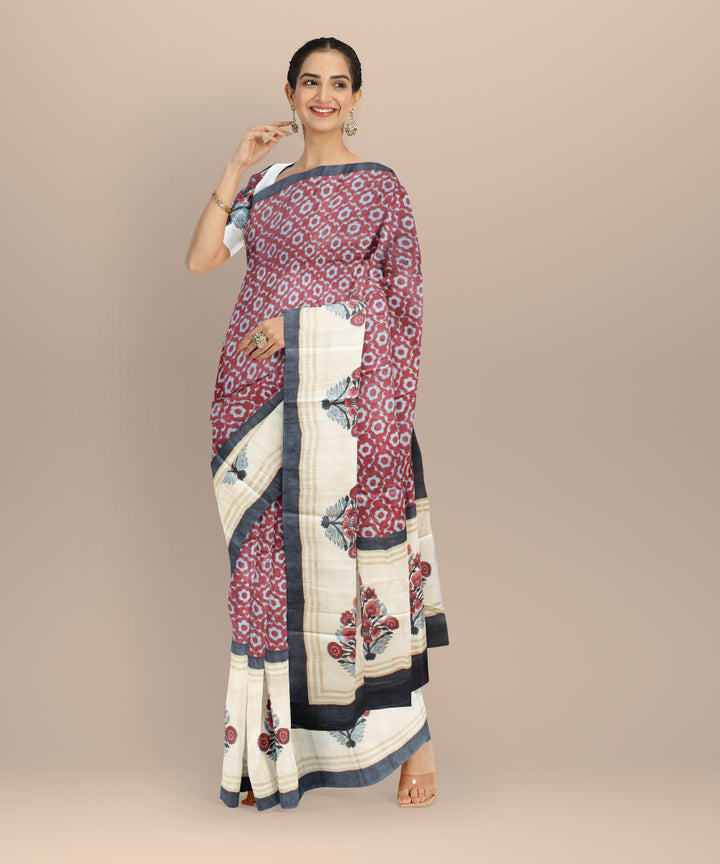 Beige maroon tussar silk hand printed saree