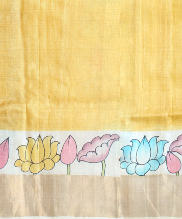 Beige mustard tussar silk hand painted saree