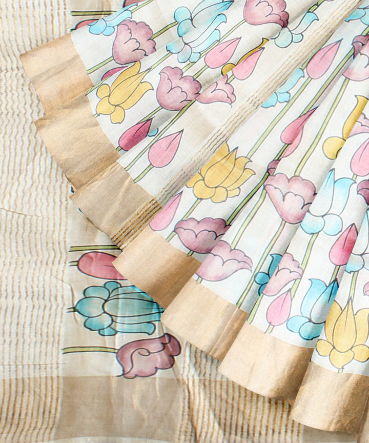 Beige mustard tussar silk hand painted saree