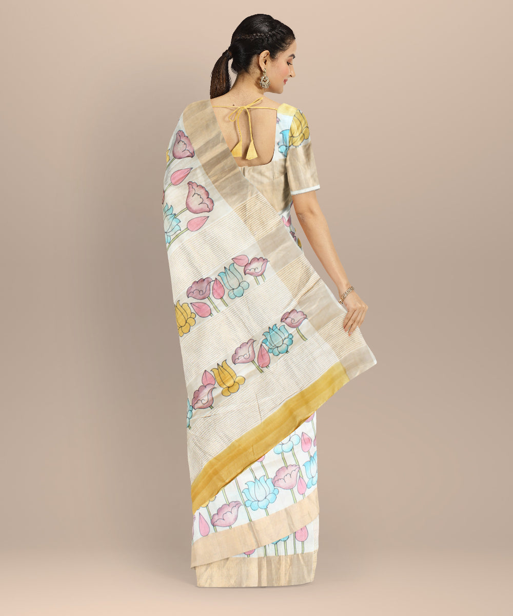 Beige mustard tussar silk hand painted saree