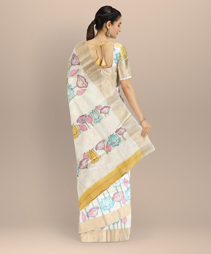 Beige mustard tussar silk hand painted saree
