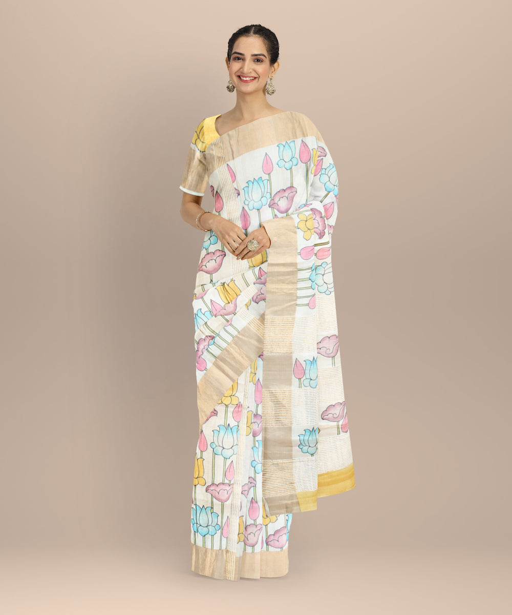 Beige mustard tussar silk hand painted saree