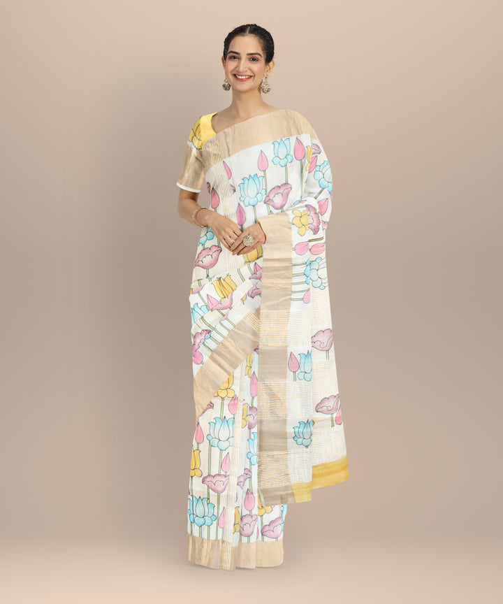 Beige mustard tussar silk hand painted saree